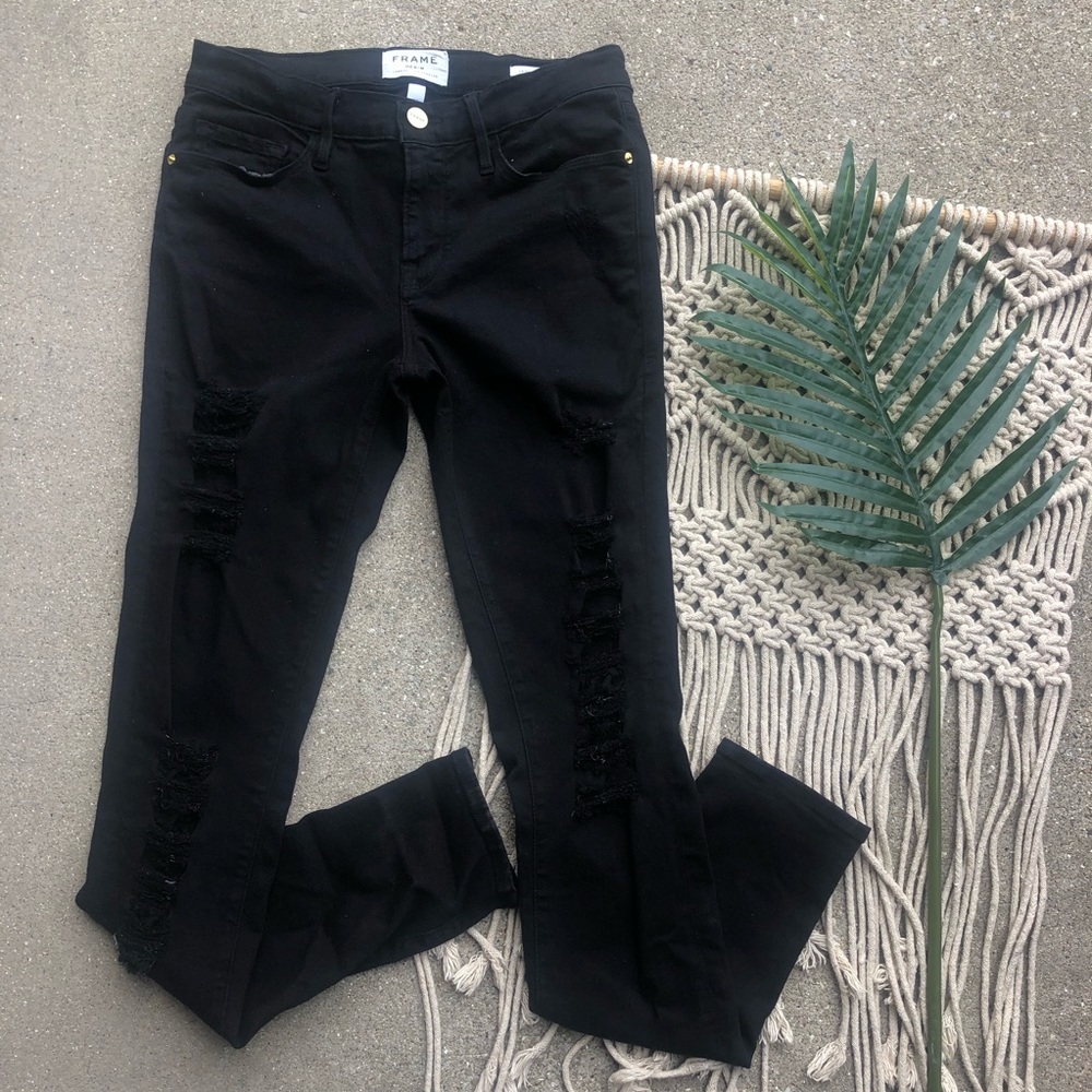 Frame Denim Black Distressed Skinny Jeans Size 27